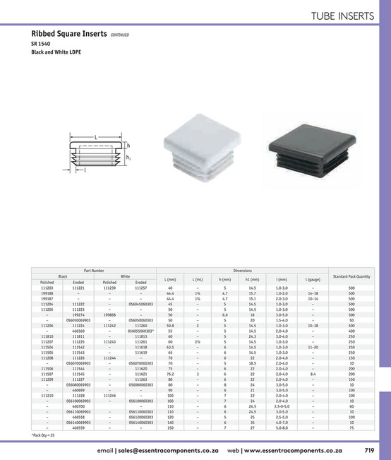 Push In Ribbed Square Inserts Essentra Components ZA - Essentra Components Catalogue ZA - Page 722-723